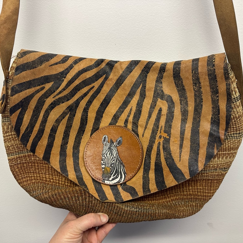 Vintage African Zebra Woven Sisal & Leather Market Tote Bag Purse